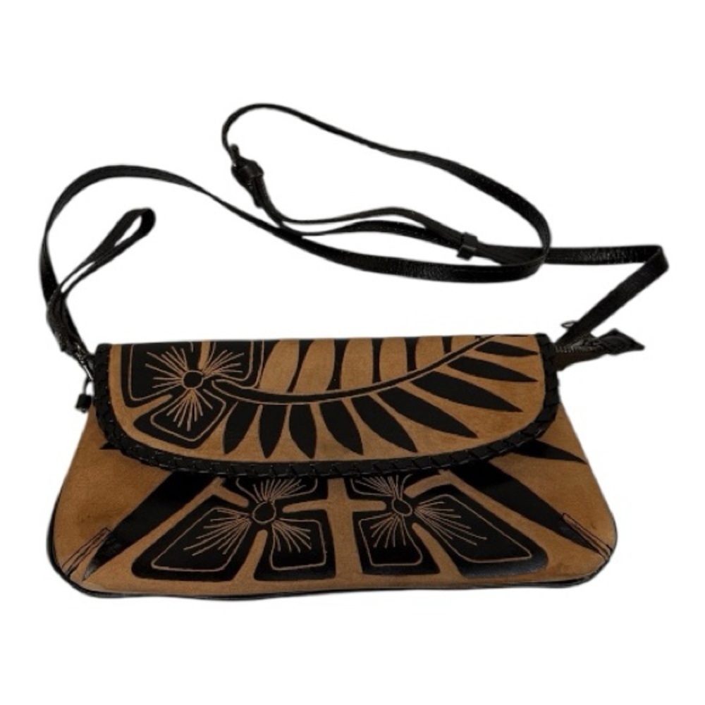 Patricia Nash Etched Leather Convertible Crossbody Wristlet Clutch - Black & Tan